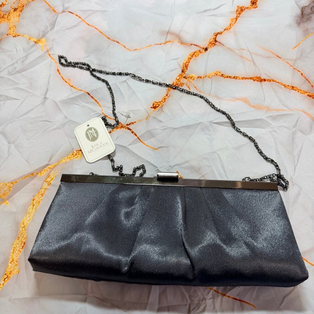 Jessica McClintock Black Satin Evening Clutch Purse with Chain